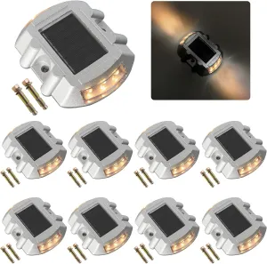 Solar Deck Lights Driveway Dock Lights 8 Pack, Outdoor LED Solar Powered Waterproof Warning Step Lights for Driveway Sidewalk Pathway Yard Garden(Yellow, 8 Pack)