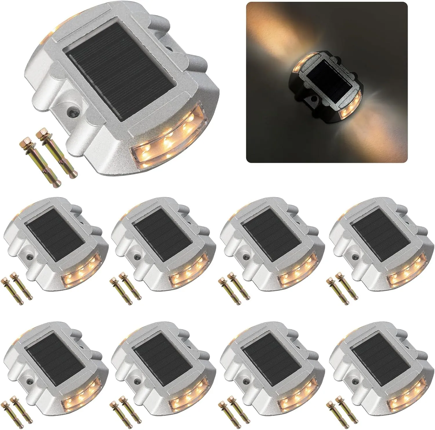 Solar Deck Lights Driveway Dock Lights 8 Pack, Outdoor LED Solar Powered Waterproof Warning Step Lights for Driveway Sidewalk Pathway Yard Garden(Yellow, 8 Pack)
