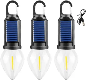 Solar Rechargeable Hooked Camping Light,Portable Vintage LED Tent Lights,Rechargeable Indoor ＆ Outdoor Waterproof Hanging Lantern,Solar Camp Bulbs for Hiking Fishing Outage(Three conical)