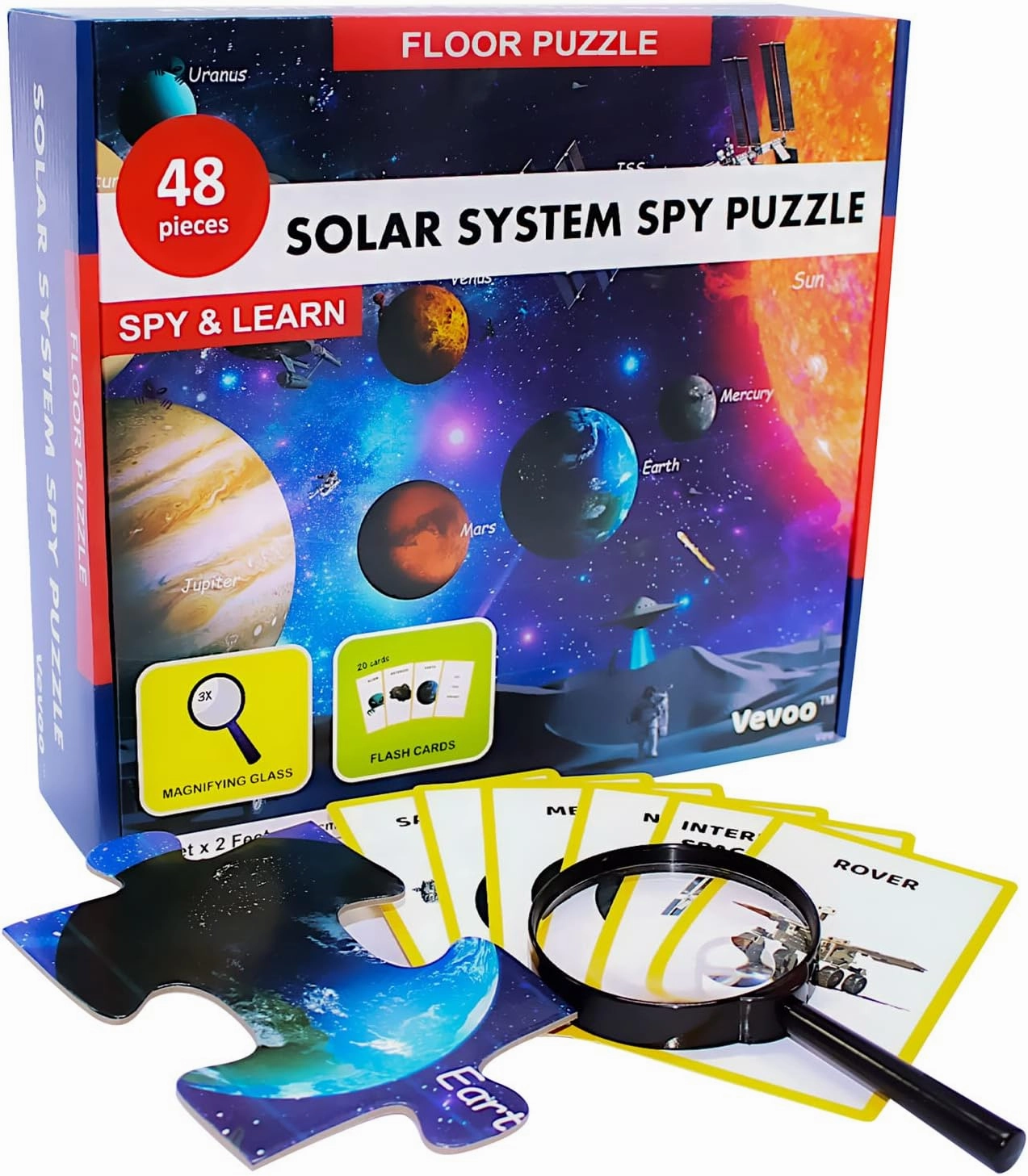Solar System Spy Puzzle with Flashcards and Magnifying Glass 48 Piece Space Floor Puzzle for Kids Ages 4 to 8 Large 2ft x 3ft Educational Puzzles for Boys and Girls