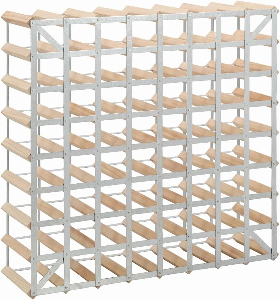 Solid Pine Wood Wine Rack for 72 Bottles with Galvanized Steel Frame 31.5" x 8.9" x 31.5" Rustic Countertop Cabinet Organizer for Kitchen, Bar, Liquor Display
