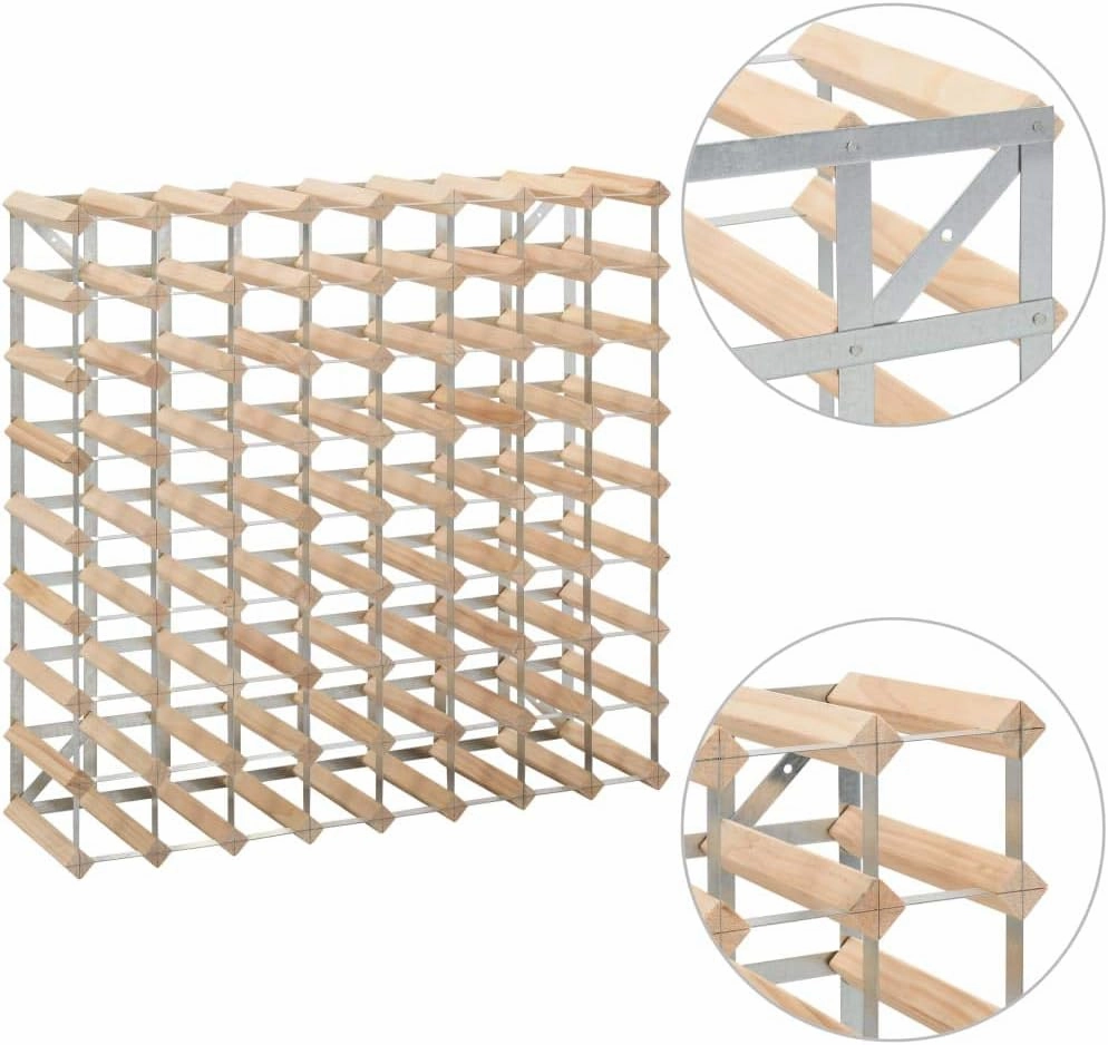 Solid Pine Wood Wine Rack for 72 Bottles with Galvanized Steel Frame 31.5" x 8.9" x 31.5" Rustic Countertop Cabinet Organizer for Kitchen, Bar, Liquor Display
