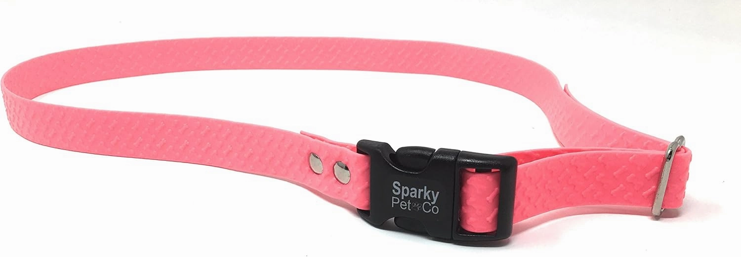 Sparky PetCo Compatible 1" Waterproof Biothane Bone Embossed Compatible with Petsafe Bark in- Underground Systems No Hole Strap Wraps Around The Receiver (NEON Pink)