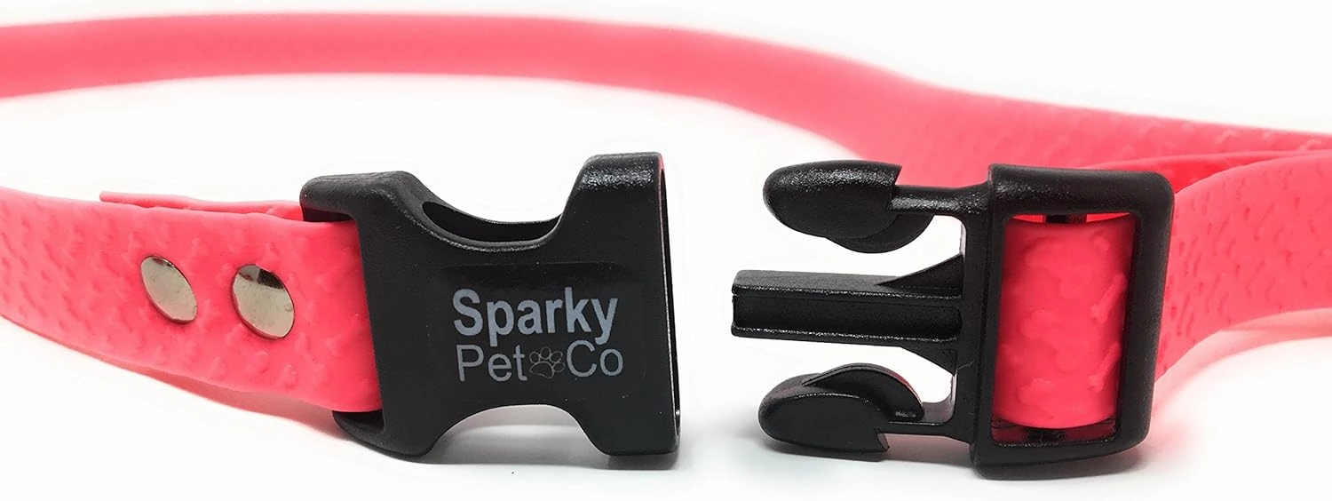 Sparky PetCo Compatible 1" Waterproof Biothane Bone Embossed Compatible with Petsafe Bark in- Underground Systems No Hole Strap Wraps Around The Receiver (NEON Pink)