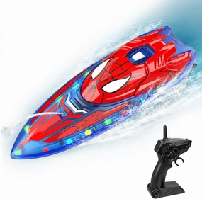 Spider Hero RC Boat, 2.4GHz Remote Control Boat with LED Lights for Kids, Pool Toy with 2 Rechargeable Batteries, Spray Function, and Low Battery Alarm for Boys & Girls