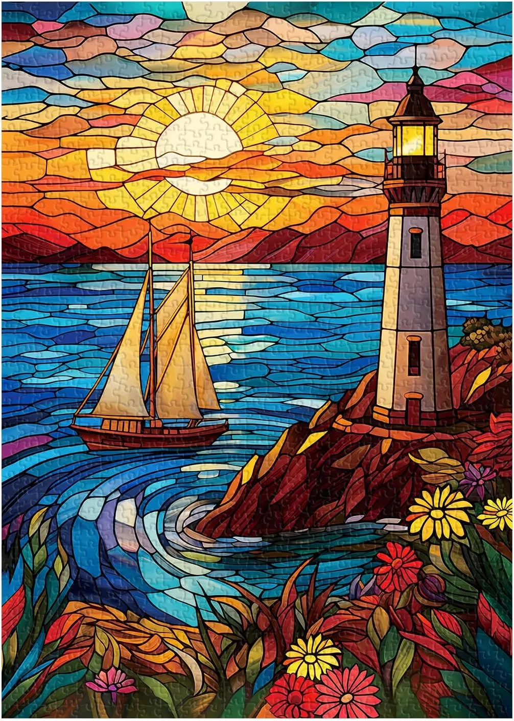 Stained Glass Lighthouse Puzzles for Adults 1000 Pieces, Sunset Beach Scene Mosaic Glass Jigsaw Puzzles, Seaside Flowers Sailboat Lighthous Art Puzzle