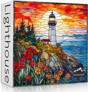 Stained Glass Lighthouse Puzzles for Adults 1000 Piece, Mosaic Beach Puzzle Hard, Impossible Difficult Challenging Puzzles, Lighthouse Scenic Jigsaw Puzzles