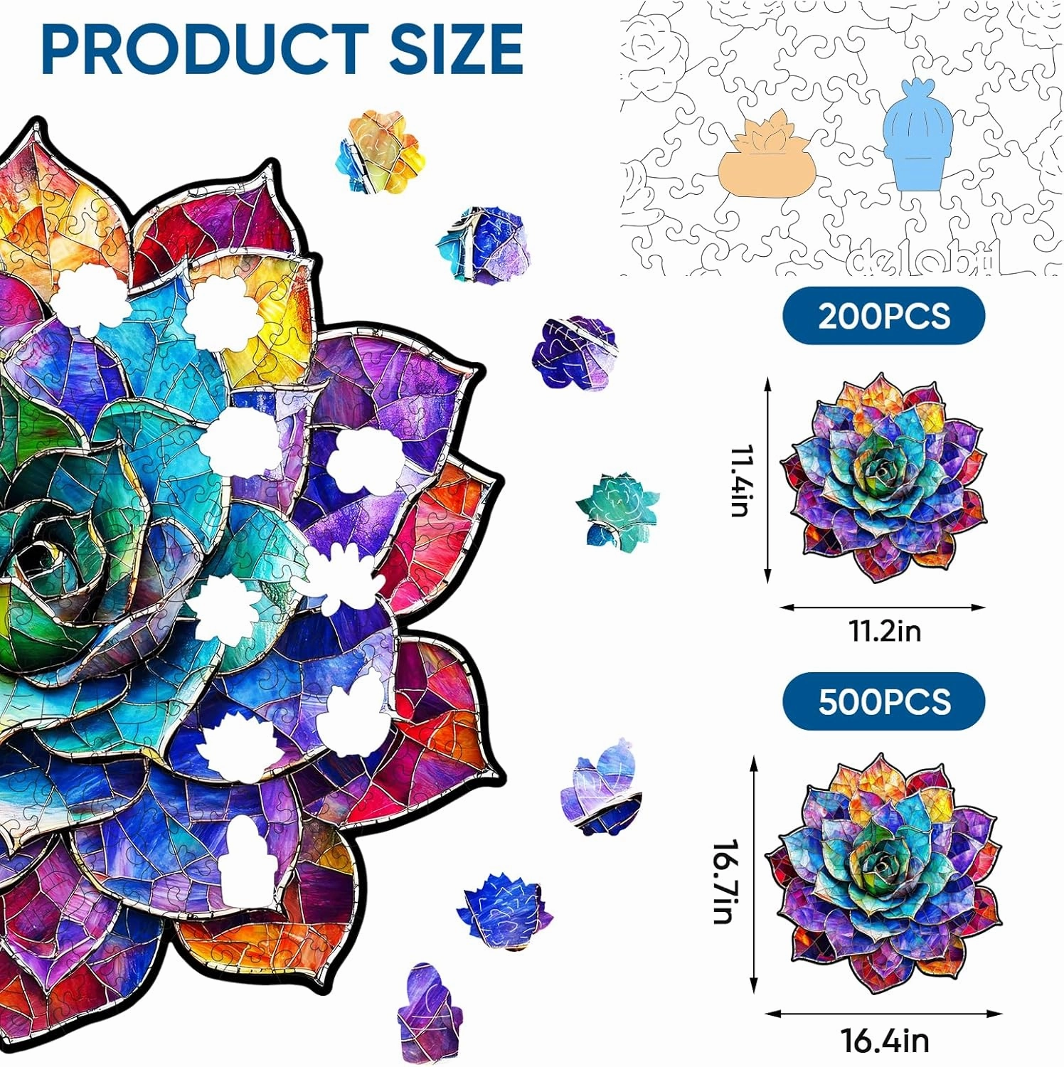 Stained Glass Succulent Wooden Puzzles for Adults, 200 Pieces Mandala Jigsaw Puzzles, Unique Shaped Medium Size Wood Puzzle Gift for Kids, Family Game 11.2'' x 11.4''