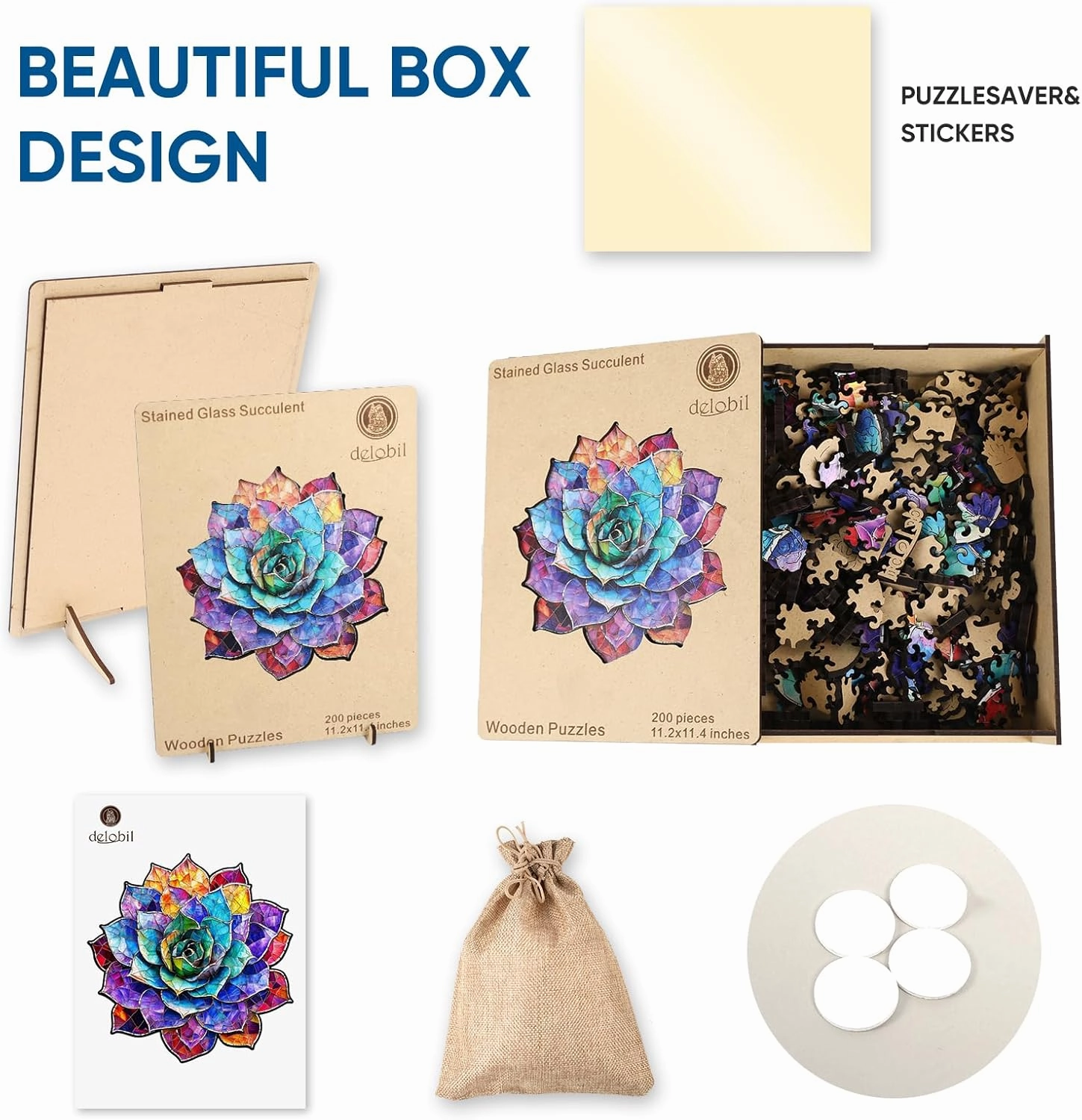 Stained Glass Succulent Wooden Puzzles for Adults, 200 Pieces Mandala Jigsaw Puzzles, Unique Shaped Medium Size Wood Puzzle Gift for Kids, Family Game 11.2'' x 11.4''