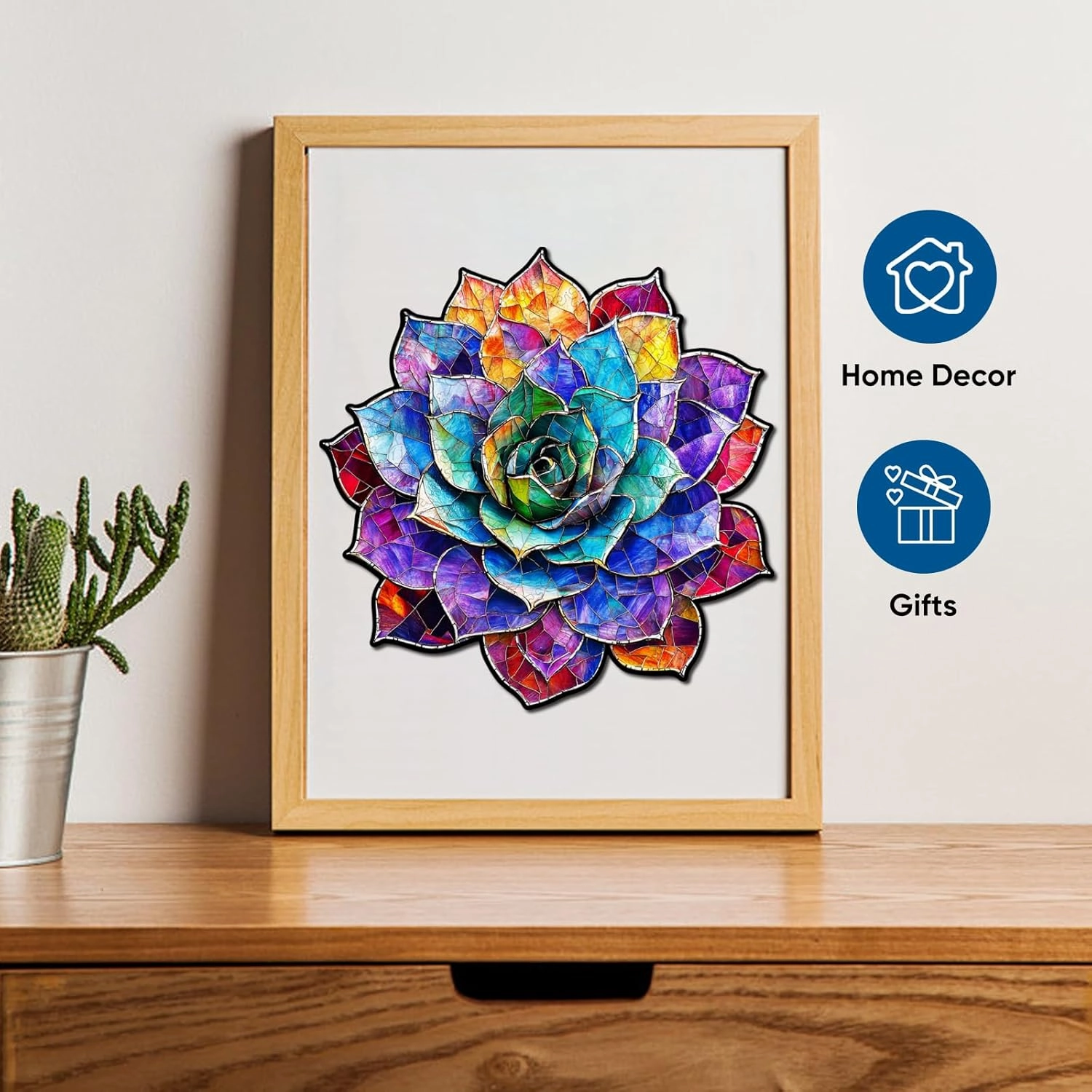 Stained Glass Succulent Wooden Puzzles for Adults, 200 Pieces Mandala Jigsaw Puzzles, Unique Shaped Medium Size Wood Puzzle Gift for Kids, Family Game 11.2'' x 11.4''