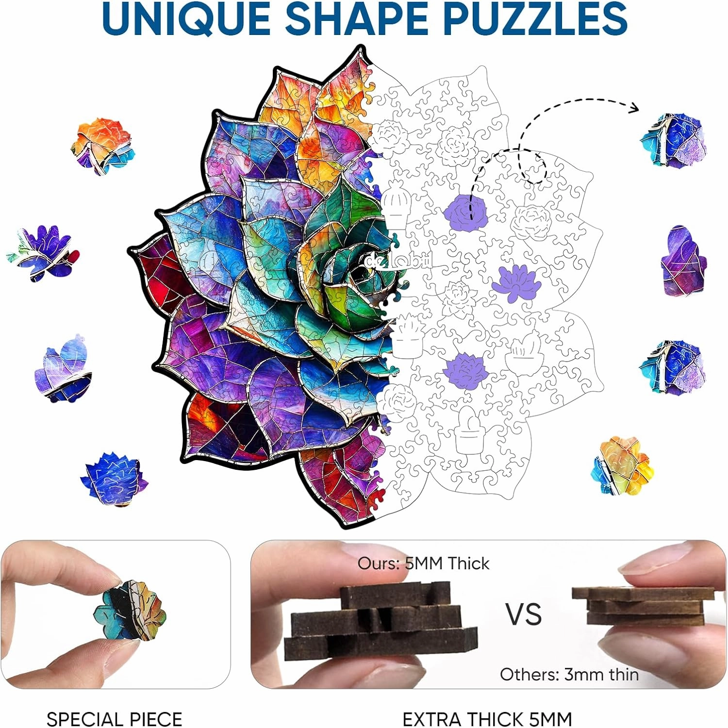 Stained Glass Succulent Wooden Puzzles for Adults, 200 Pieces Mandala Jigsaw Puzzles, Unique Shaped Medium Size Wood Puzzle Gift for Kids, Family Game 11.2'' x 11.4''