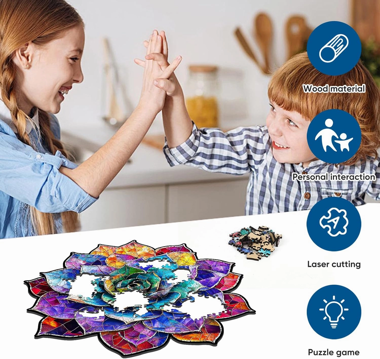 Stained Glass Succulent Wooden Puzzles for Adults, 200 Pieces Mandala Jigsaw Puzzles, Unique Shaped Medium Size Wood Puzzle Gift for Kids, Family Game 11.2'' x 11.4''