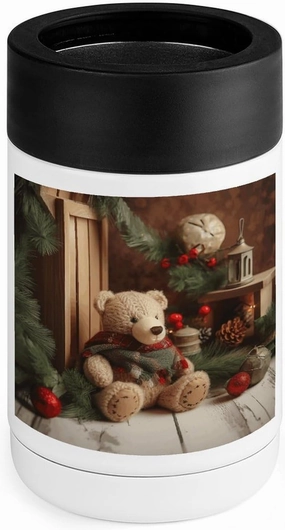 Stainless Steel Cooler with Silicone Sleeve, Xmas Tree Branch Bear Doll Print Multipurpose Beverage Chiller for Home, Office, and Outdoor Use