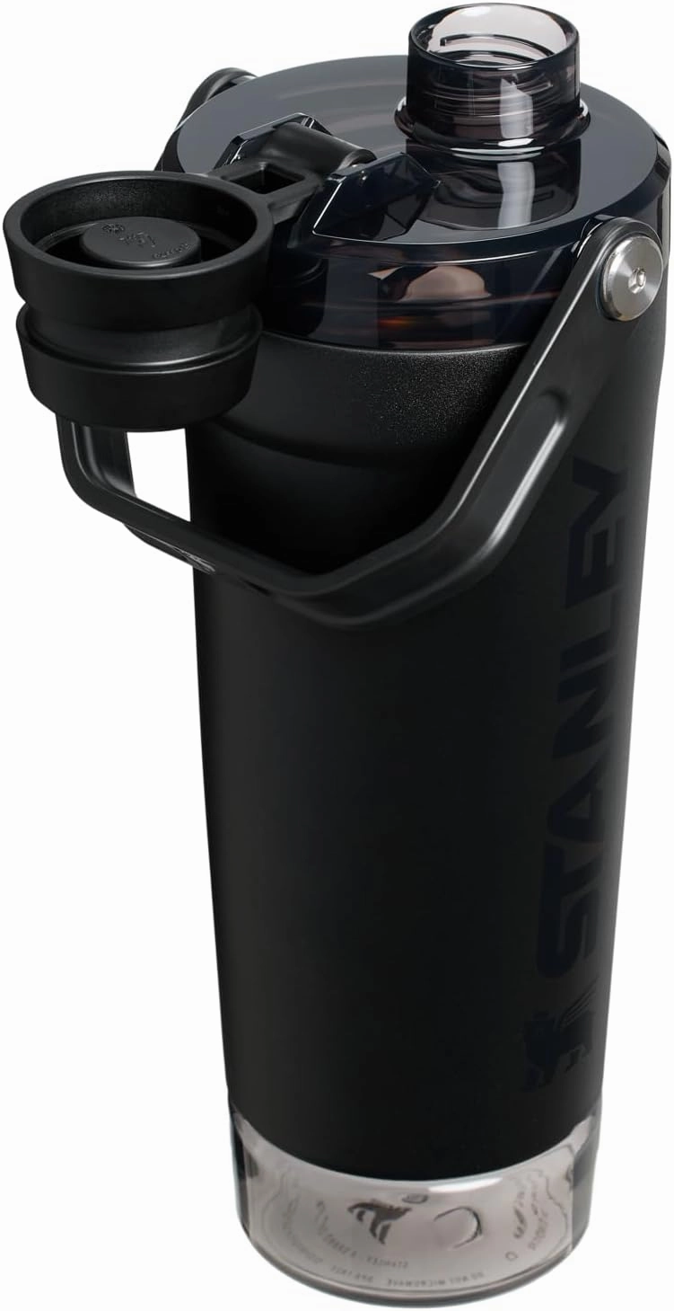 Stanley Activate Shaker Bottle 20 oz | Leakproof Insulated Stainless Steel Shaker Cup | Base Storage and Twist On Fast Flow Lid | Protein Shakes and Pre Workout Powder | BPA-Free | Black