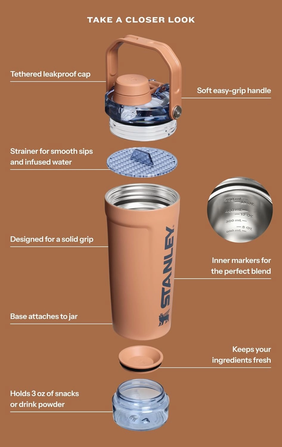 Stanley Activate Shaker Bottle 20 oz | Leakproof Insulated Stainless Steel Shaker Cup | Base Storage and Twist On Fast Flow Lid | Protein Shakes and Pre Workout Powder | BPA-Free | Black