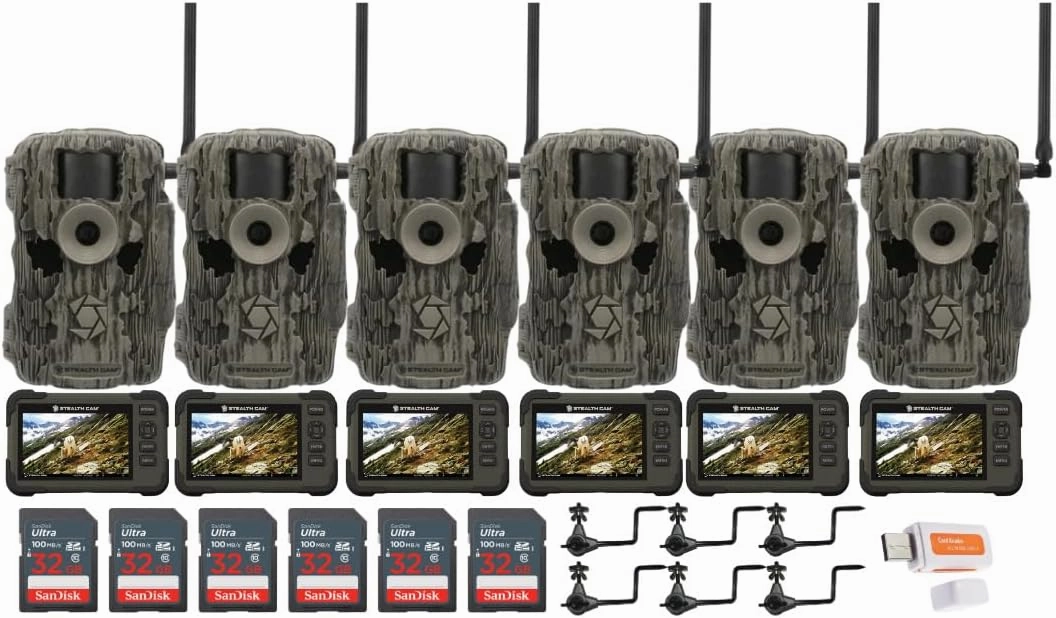 Stealth Cam 36MP Fusion Max Cellular Trail Camera with 80 Feet Detection Range (6-Pack) Bundle with SD Card Viewer (6-Pack), Camera Holder (6-Pack), Memory Card (6-Pack), and Card Reader (25 Items)