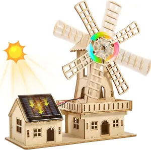 STEM Solar Powered 3D Wooden Puzzle Kit - DIY Windmill House Construction Toy,Educational Science Craft for Kids Ages 8-15 & Adults,Creative Hands-On Model Building Project,Clear English Instruction.