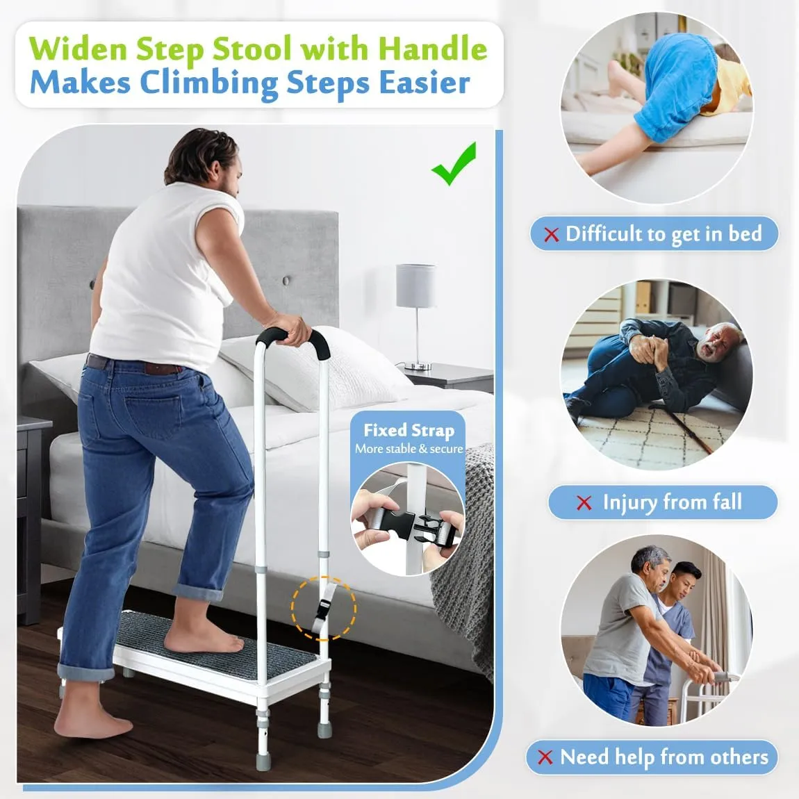 Step Stool with Handle for Elderly Adults, Medical Bedside Steps for High Beds, Seniors Safety Car SUV Stepping Stool with Handrail Heavy Duty 400lbs Adjustable, Handicap Bed Stairs Wide Platform-31