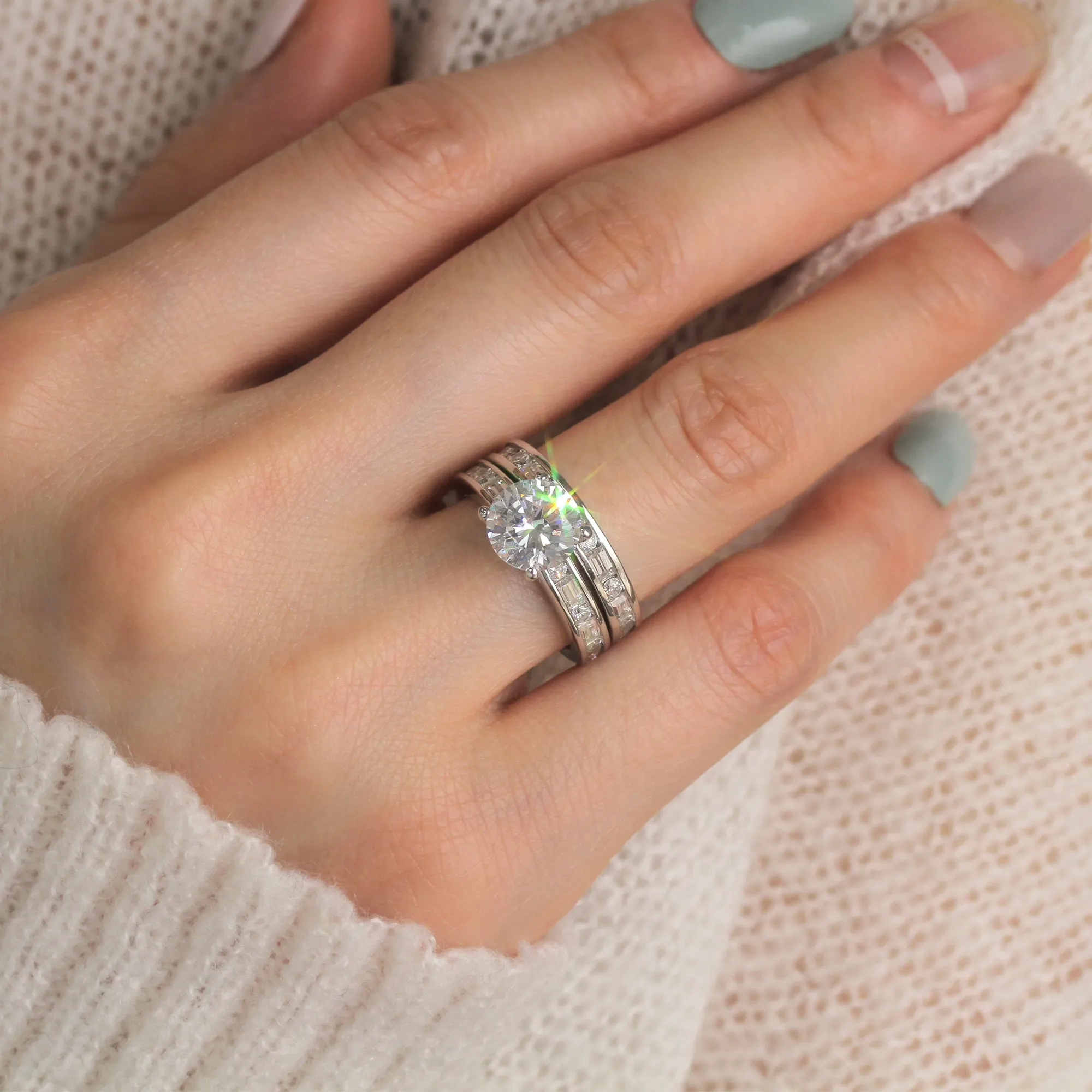 Sterling Silver 2 CT Baguette Half Eternity Band Stackable Rings Set