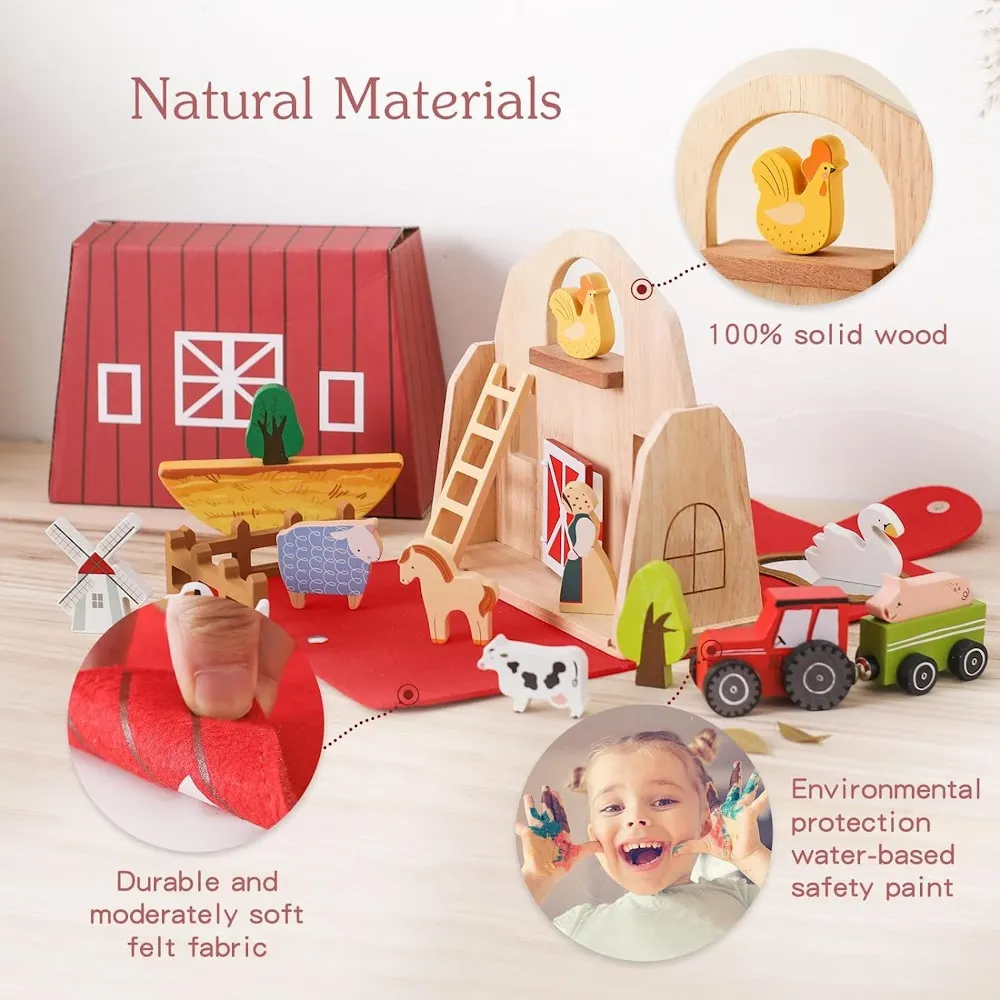 StitchesandTweed Wooden Barn Farm Animals Toys Set