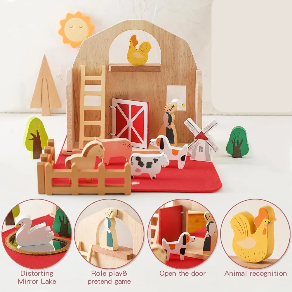 StitchesandTweed Wooden Barn Farm Animals Toys Set