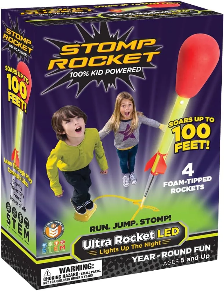 Stomp Rocket Ultra LED Rocket Launcher for Kids, 4 LED Foam Tipped Rockets - Fun Backyard & Outdoor Kids Toys Gifts for Boys & Girls - Toy Foam Blaster Set - Multi-Player Adjustable Launch Stand