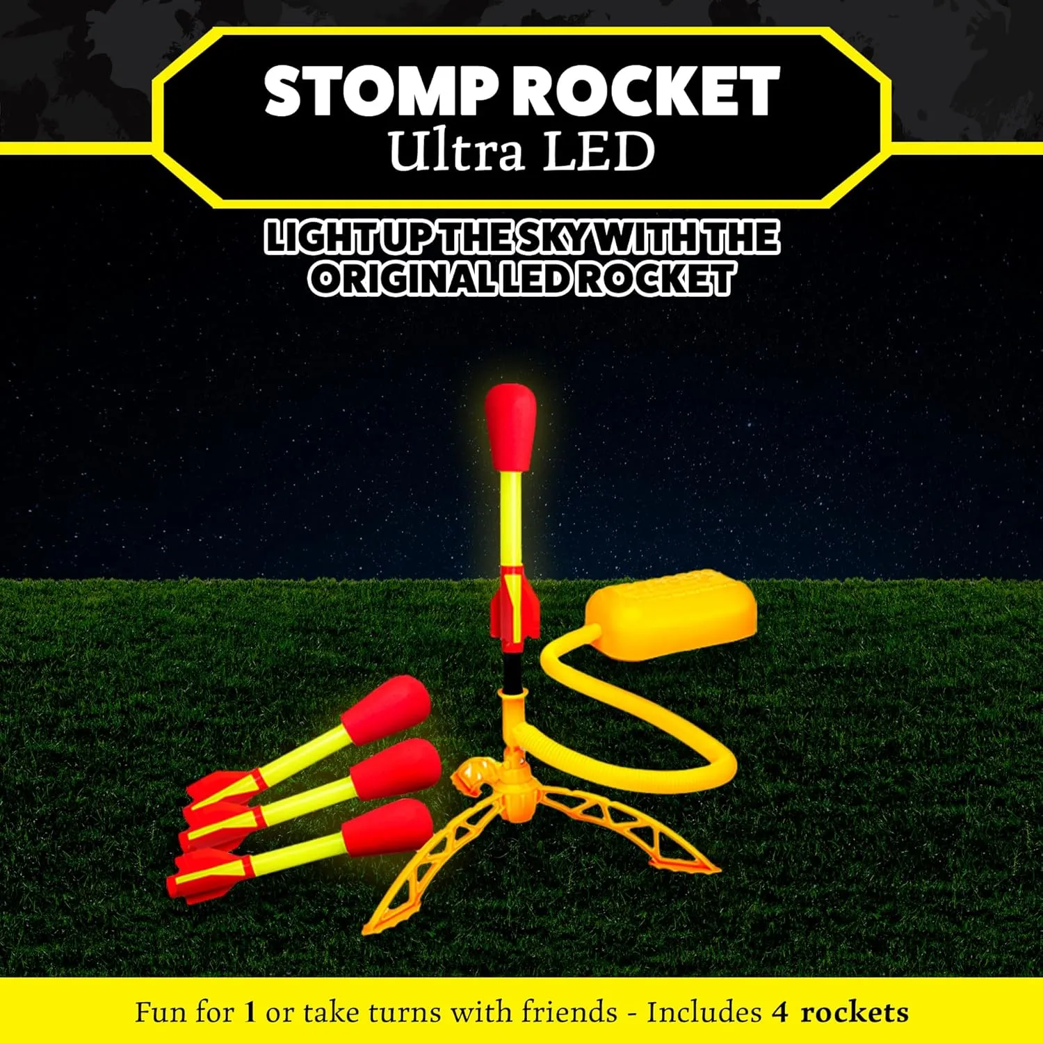 Stomp Rocket Ultra LED Rocket Launcher for Kids, 4 LED Foam Tipped Rockets - Fun Backyard & Outdoor Kids Toys Gifts for Boys & Girls - Toy Foam Blaster Set - Multi-Player Adjustable Launch Stand