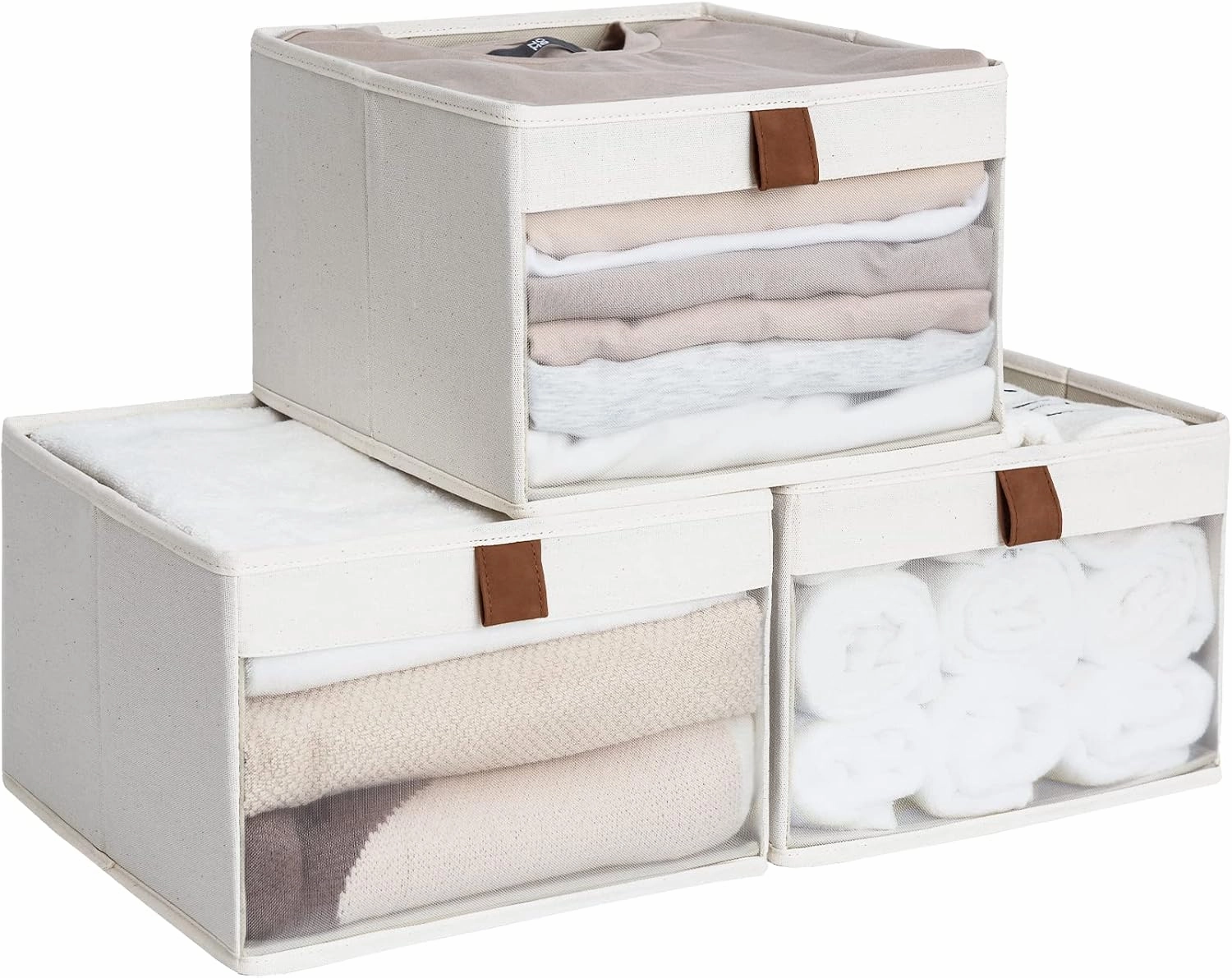 StorageWorks Closet Storage Bins, Storage Baskets with Clear Window and Handles, Foldable Fabric Organizer for Clothes, Shelves, Beige, 3 Pack