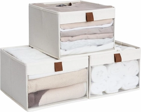 StorageWorks Closet Storage Bins, Storage Baskets with Clear Window and Handles, Foldable Fabric Organizer for Clothes, Shelves, Beige, 3 Pack