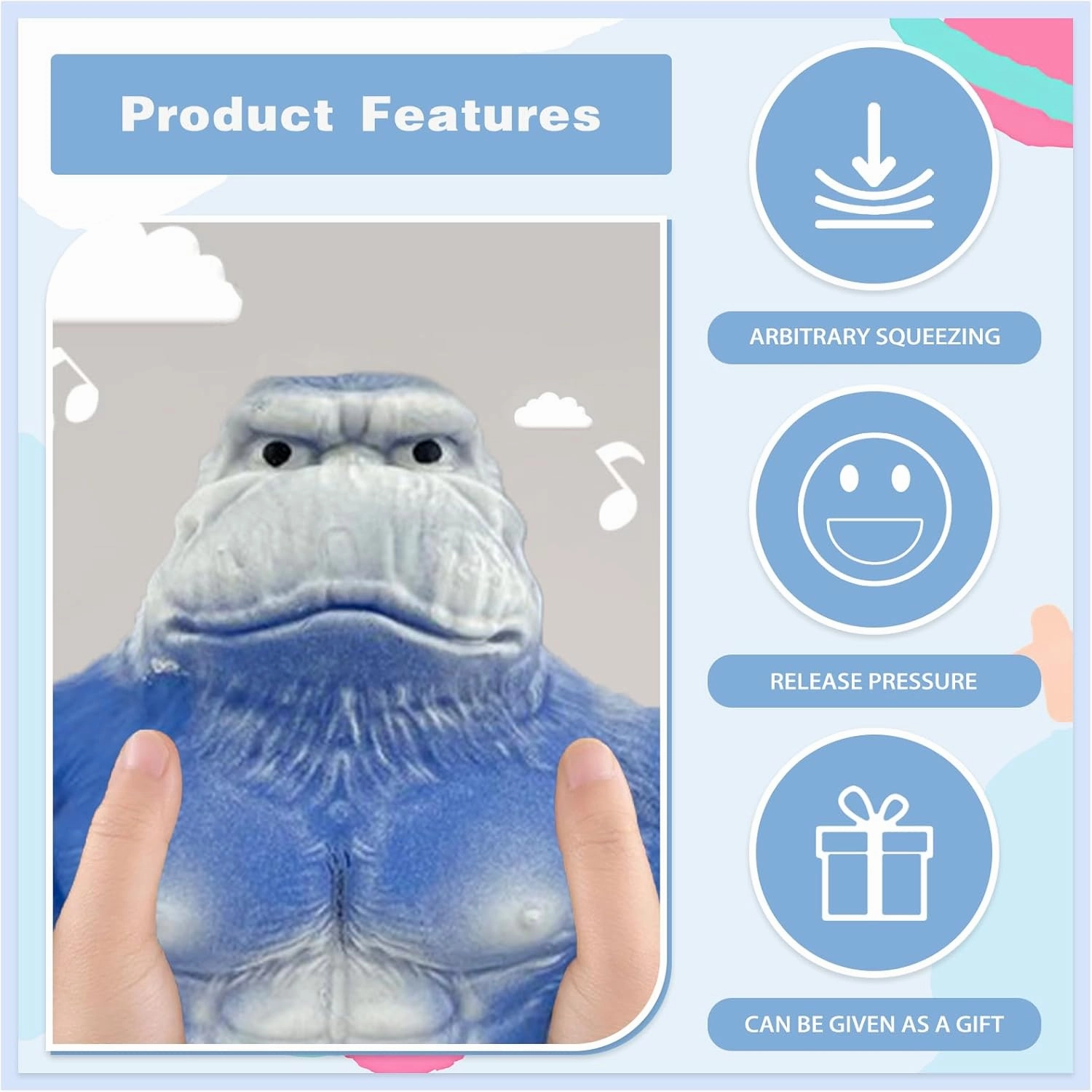 Stretchy Squishy Monkey Squeeze Toy Funny Gorilla Squishy Toy Stress Relief and Sensory Decompression Toy for Kids/Adults,Blue