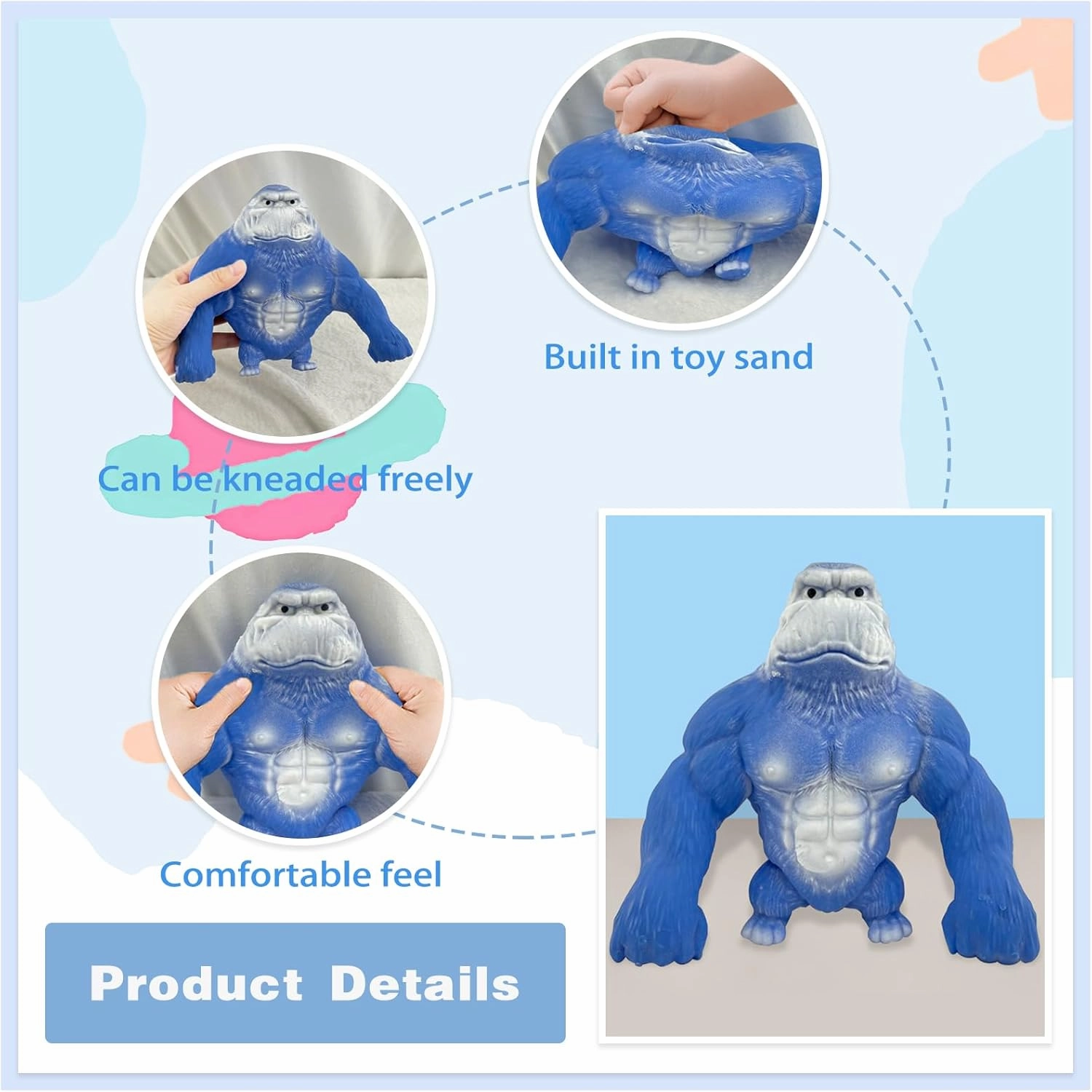 Stretchy Squishy Monkey Squeeze Toy Funny Gorilla Squishy Toy Stress Relief and Sensory Decompression Toy for Kids/Adults,Blue