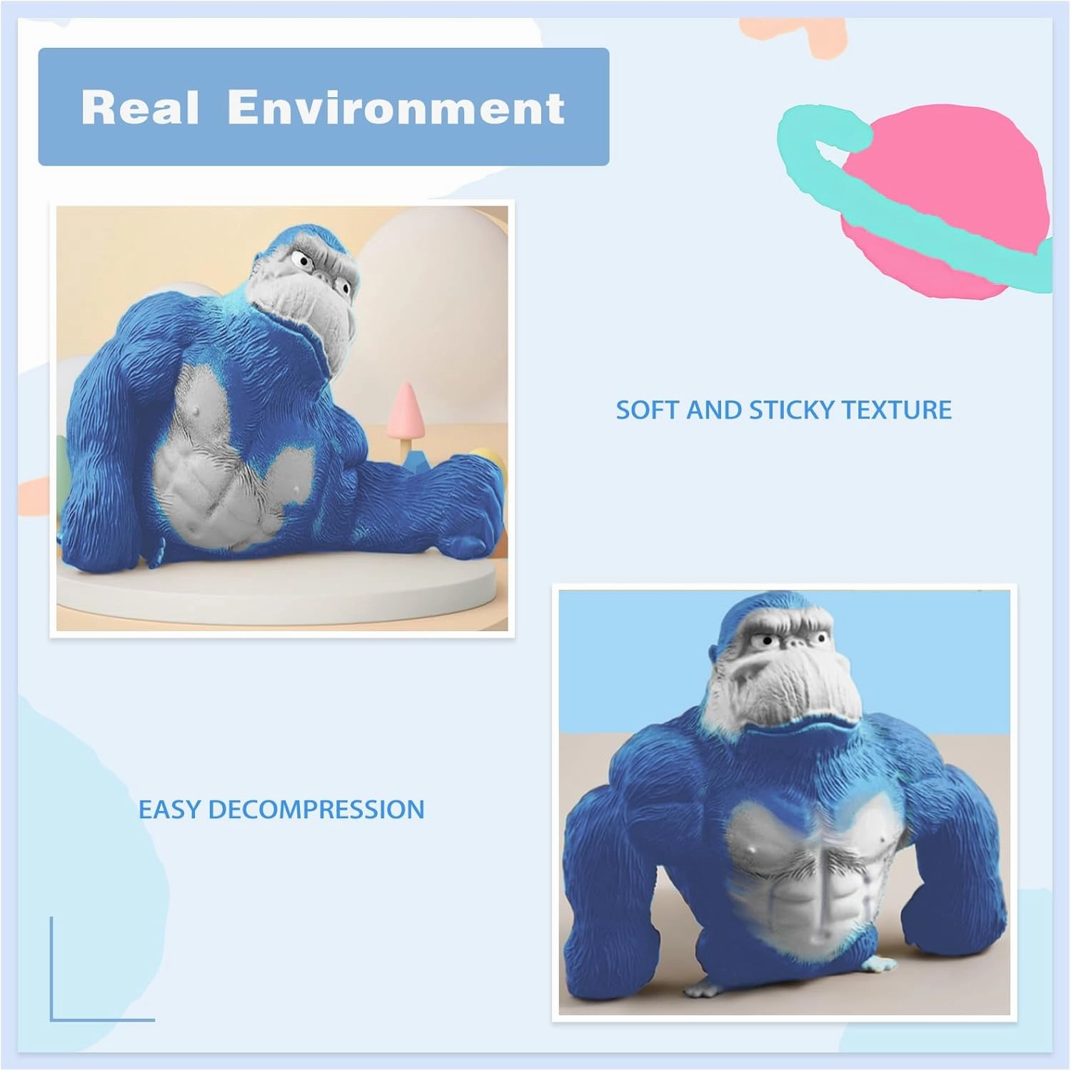 Stretchy Squishy Monkey Squeeze Toy Funny Gorilla Squishy Toy Stress Relief and Sensory Decompression Toy for Kids/Adults,Blue