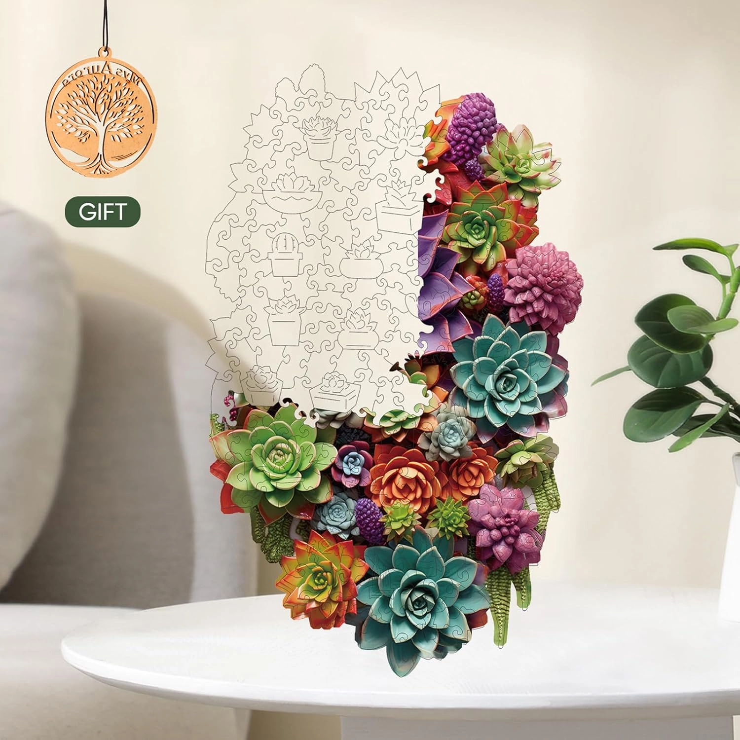 Succulent Waterfall Wooden Puzzles, 200 Pieces Jigsaw Puzzles 12.6'' x7.8'', Unique Design Liberty Wooden Puzzles for Adults and Kids, Family Game Gift Medium Size