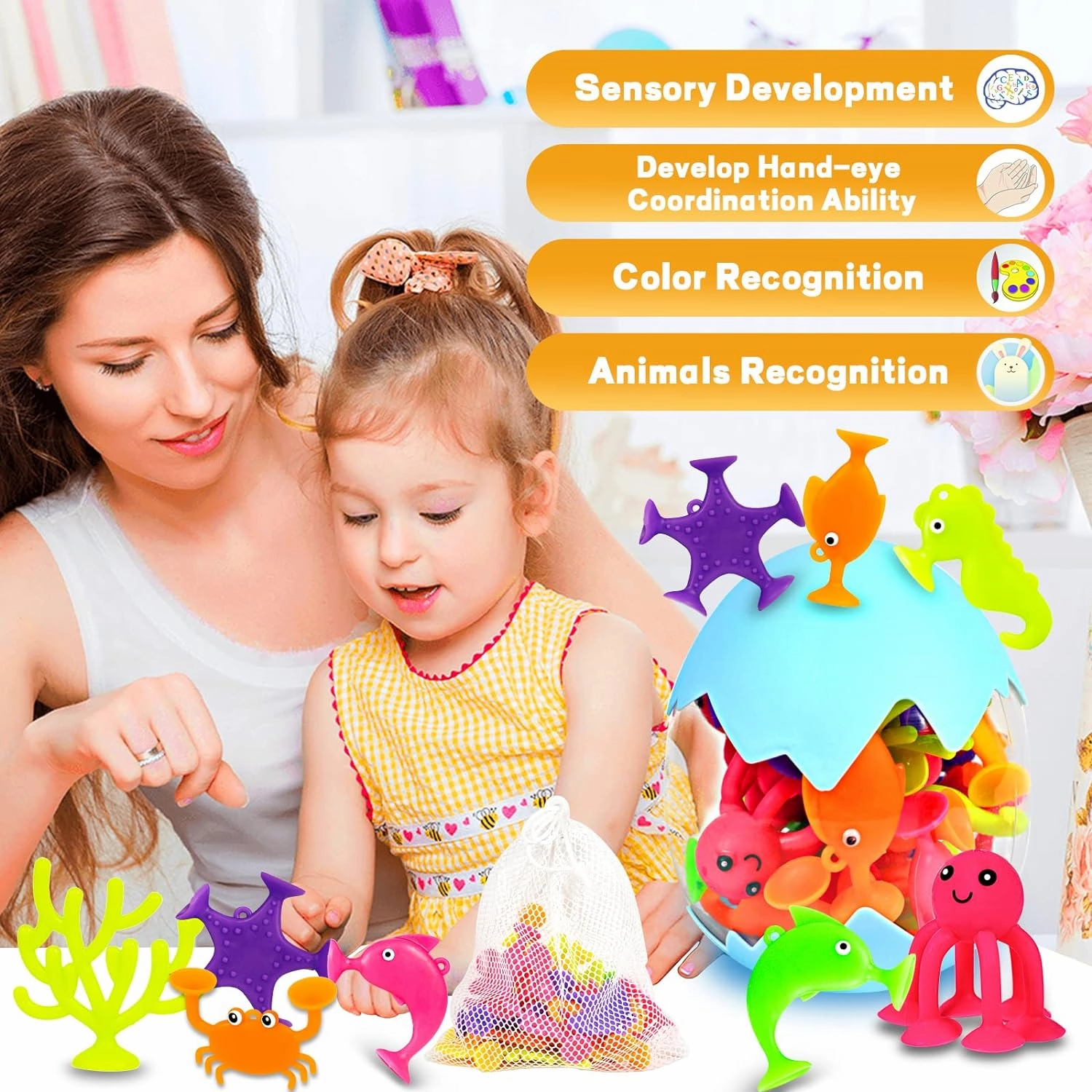 Suction Bath Toys for Kids, 18 Pcs Silicone Ocean Animal Suction Cup Toys with Eggshell & Bag, No Hole Mold Free Bath Toy, Sensory Window Building Toys for Toddlers Boys Girls 3 4 5 6 Year Old