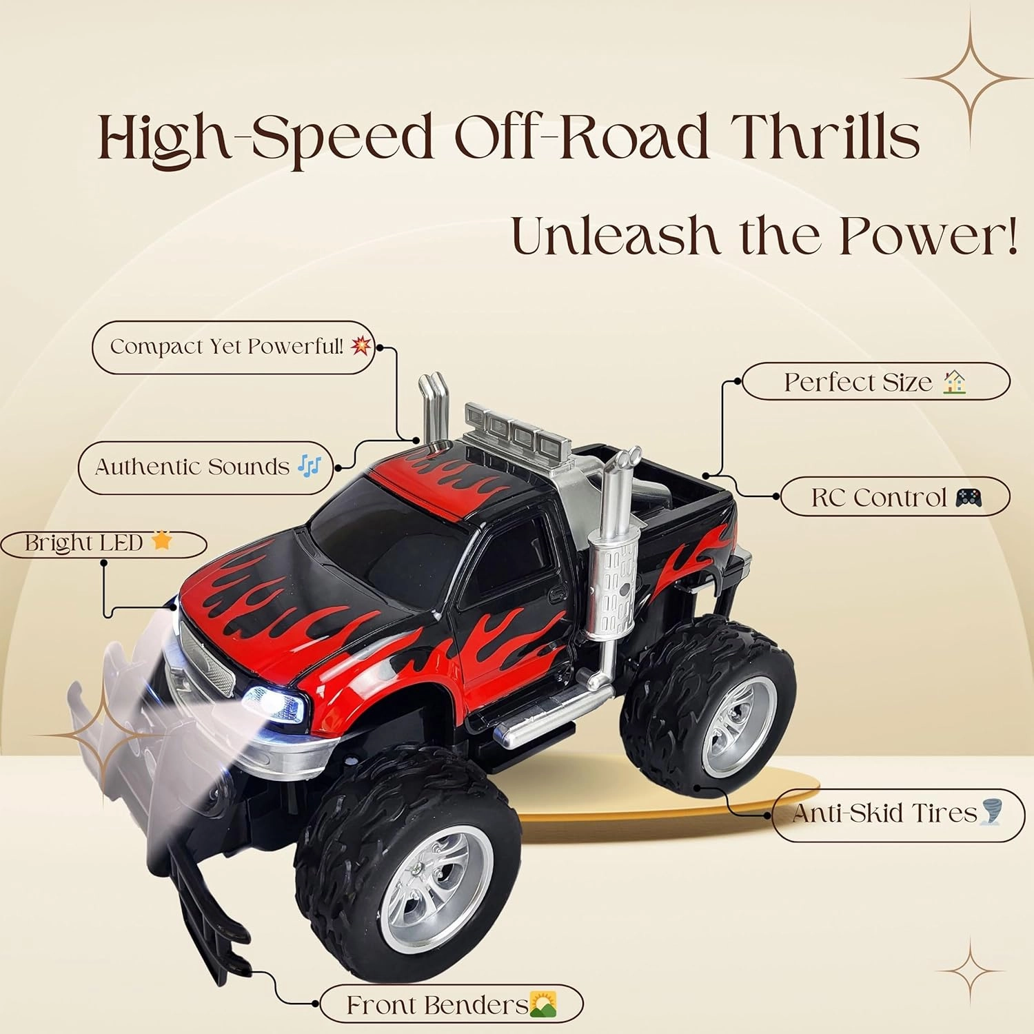 Sumac Large Toy Truck with Big Rig Wheels Bright LED Lights Explosive Sounds Smash Proof All Terrain Toy Car with Remote Control for Boys and Girls 3 Years and Above