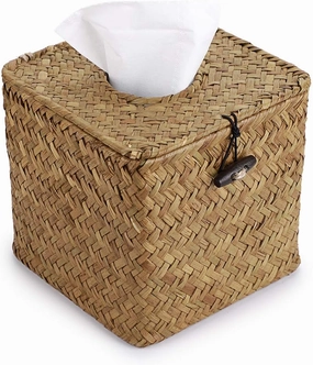Sumnacon Tissue Box Cover Square Seagrass Tissue Box with Lid, Woven Tissue Box Holder Rustic Cube Tissue Cover for Bathroom Toilet Bedroom Living Room Kitchen Table Desk Office Car, Yellow
