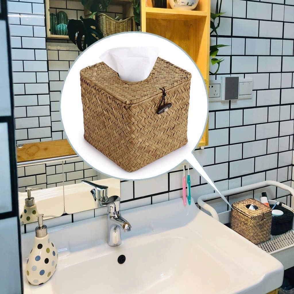 Sumnacon Tissue Box Cover Square Seagrass Tissue Box with Lid, Woven Tissue Box Holder Rustic Cube Tissue Cover for Bathroom Toilet Bedroom Living Room Kitchen Table Desk Office Car, Yellow
