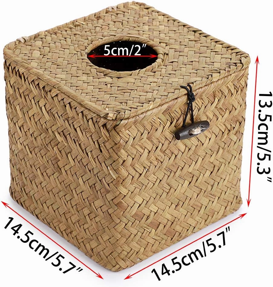 Sumnacon Tissue Box Cover Square Seagrass Tissue Box with Lid, Woven Tissue Box Holder Rustic Cube Tissue Cover for Bathroom Toilet Bedroom Living Room Kitchen Table Desk Office Car, Yellow