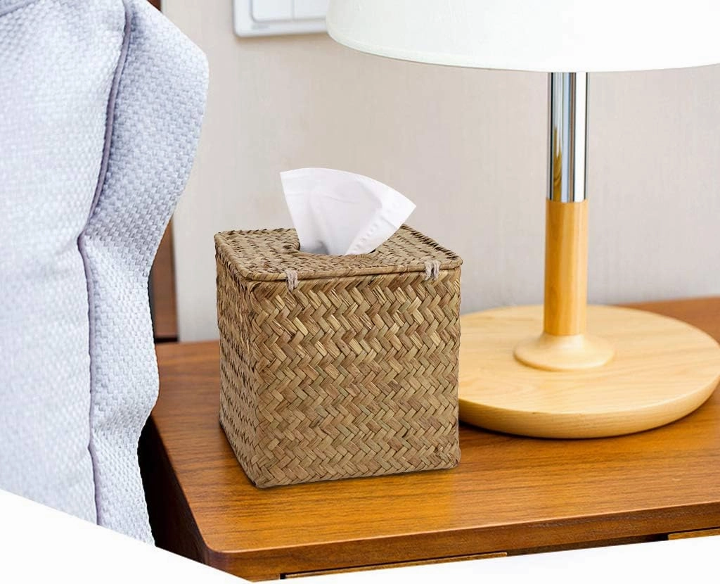 Sumnacon Tissue Box Cover Square Seagrass Tissue Box with Lid, Woven Tissue Box Holder Rustic Cube Tissue Cover for Bathroom Toilet Bedroom Living Room Kitchen Table Desk Office Car, Yellow