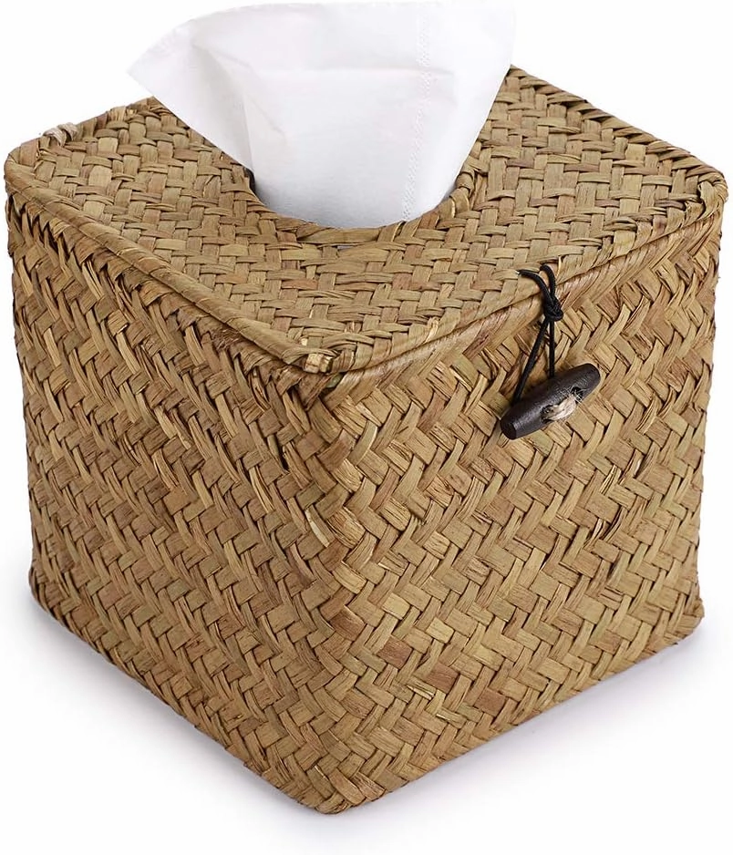 Sumnacon Tissue Box Cover Square Seagrass Tissue Box with Lid, Woven Tissue Box Holder Rustic Cube Tissue Cover for Bathroom Toilet Bedroom Living Room Kitchen Table Desk Office Car, Yellow