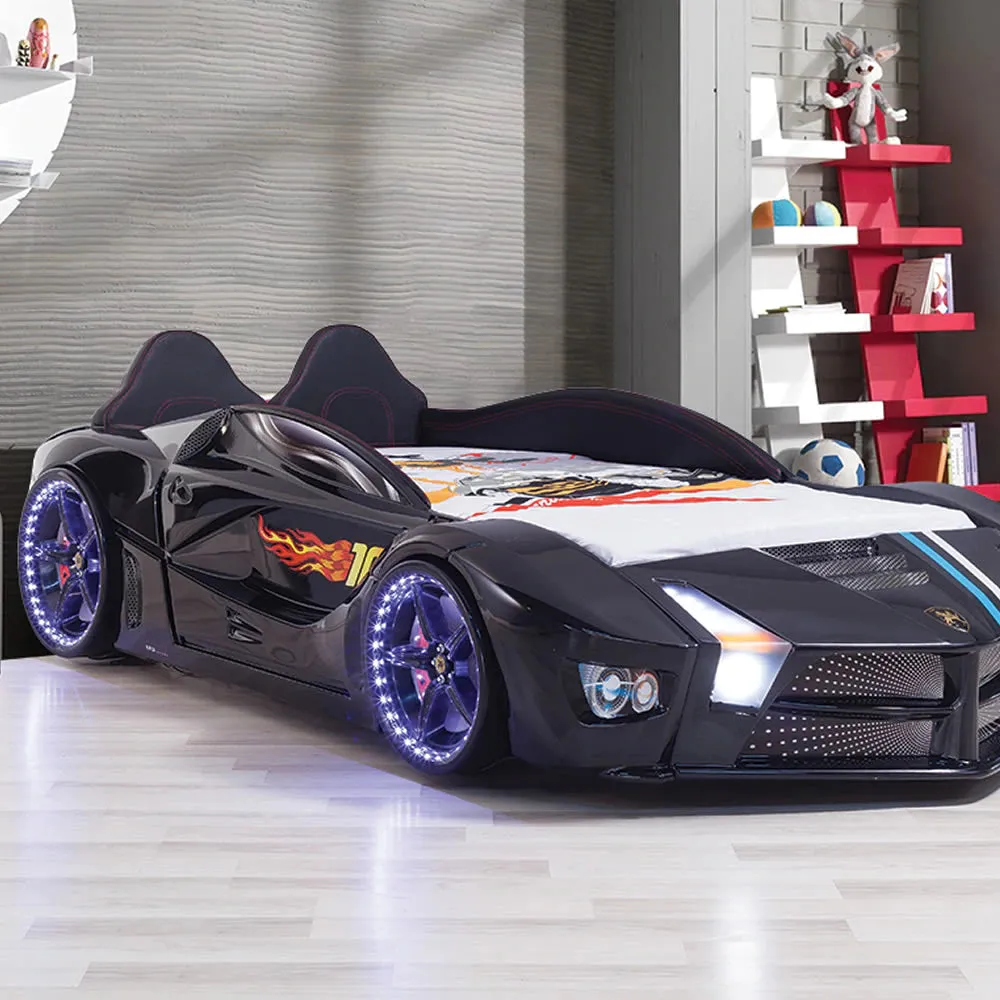 Super Cool 2025 Black Moon Luxury Race Car Bed W/LEDS & Sound Effects | Free Mattress | Twin