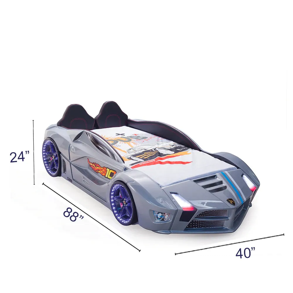 Super Cool 2025 Black Moon Luxury Race Car Bed W/LEDS & Sound Effects | Free Mattress | Twin