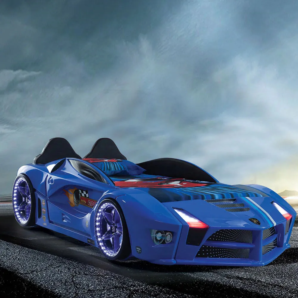 Super Cool 2025 Blue Moon Luxury Race Car Bed W/LEDS & Sound Effects | Free Mattress | Twin