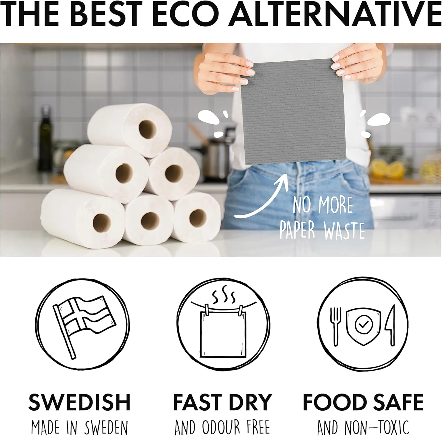 SUPERSCANDI 6 Pack Swedish Dishcloths for Kitchen - 100% Biodegradable & Compostable Reusable Paper Towels Washable, Food-Safe & Without Plastic - Dish Rags Suitable for Any Surface, White