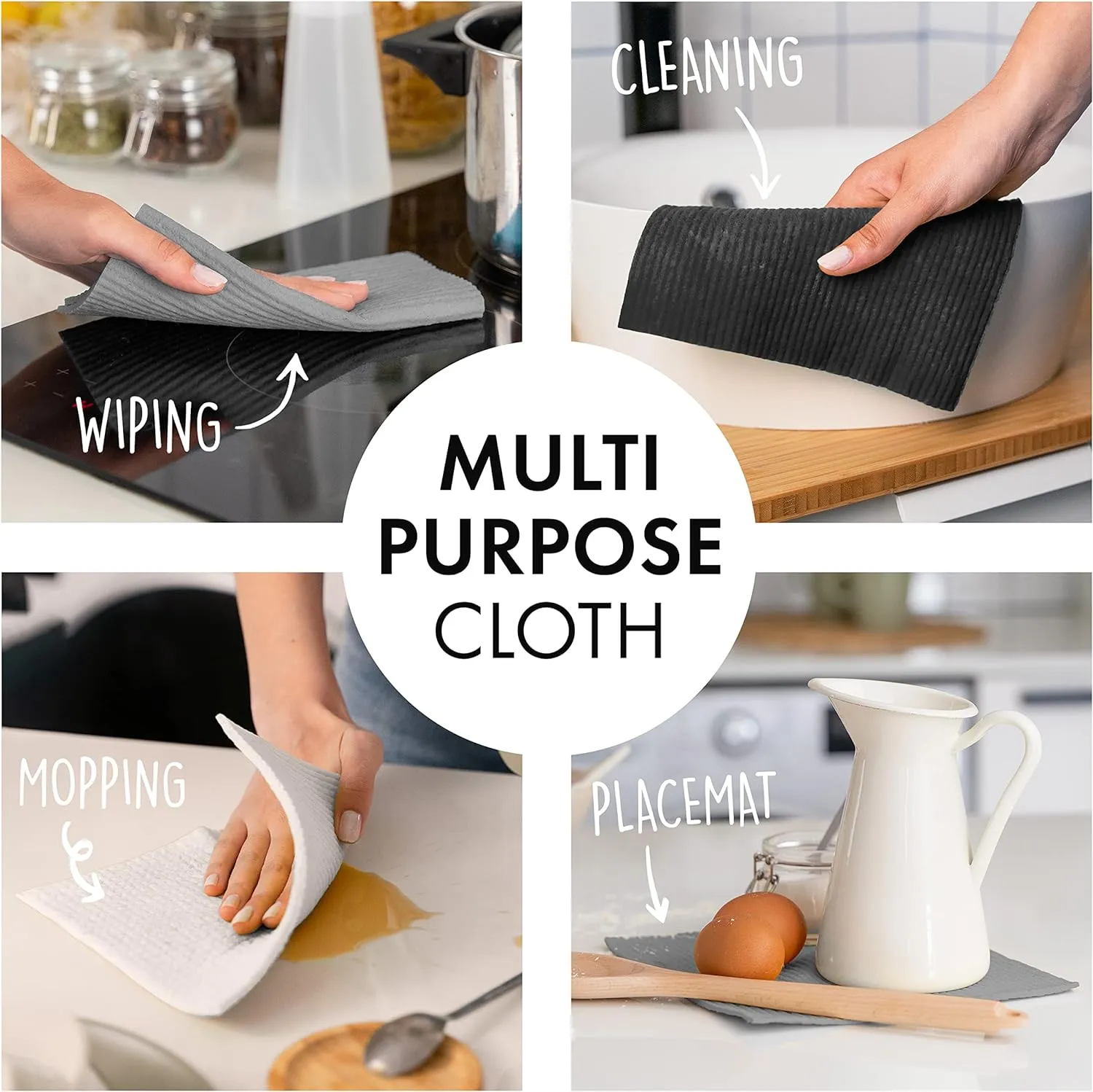 SUPERSCANDI 6 Pack Swedish Dishcloths for Kitchen - 100% Biodegradable & Compostable Reusable Paper Towels Washable, Food-Safe & Without Plastic - Dish Rags Suitable for Any Surface, White