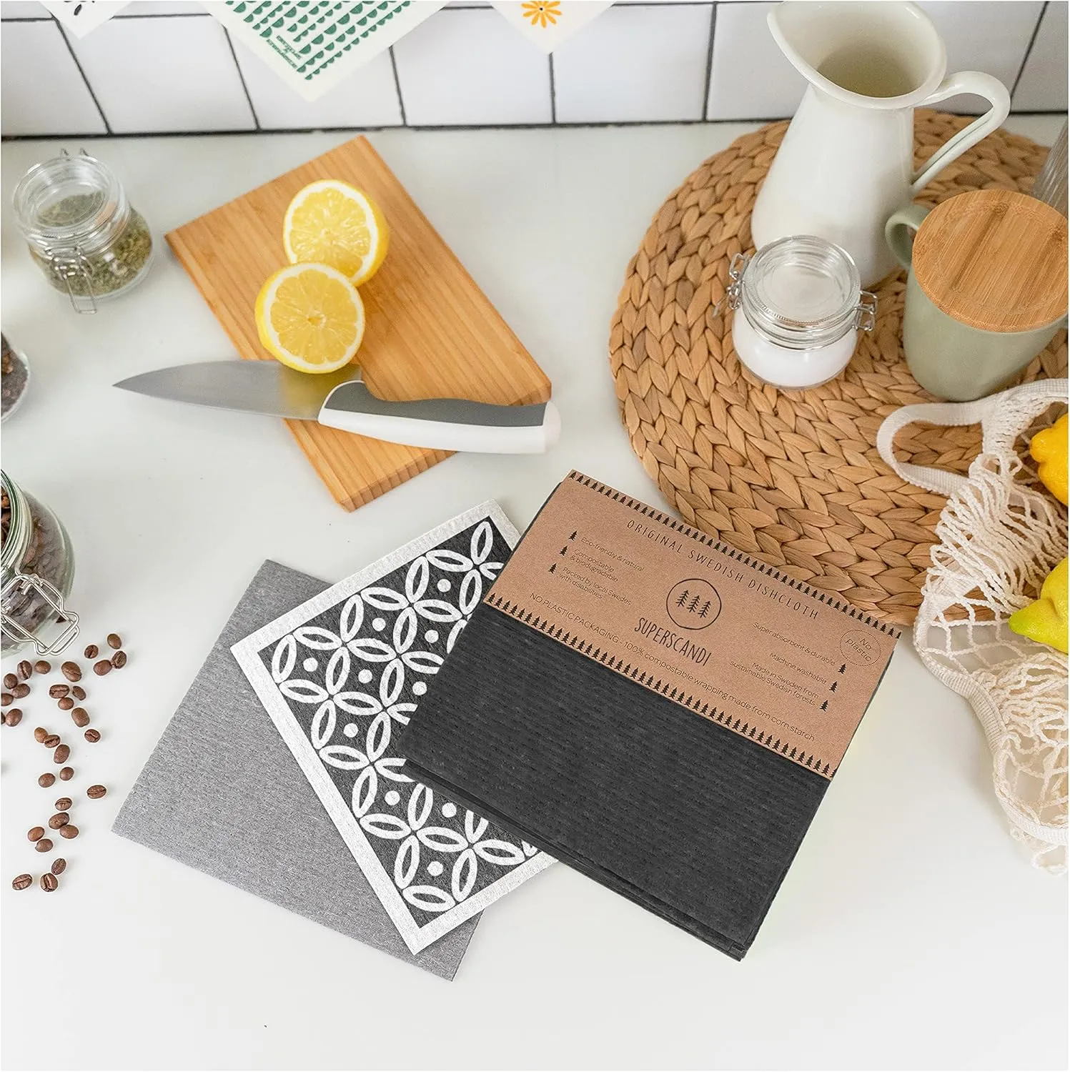 SUPERSCANDI 6 Pack Swedish Dishcloths for Kitchen - 100% Biodegradable & Compostable Reusable Paper Towels Washable, Food-Safe & Without Plastic - Dish Rags Suitable for Any Surface, White
