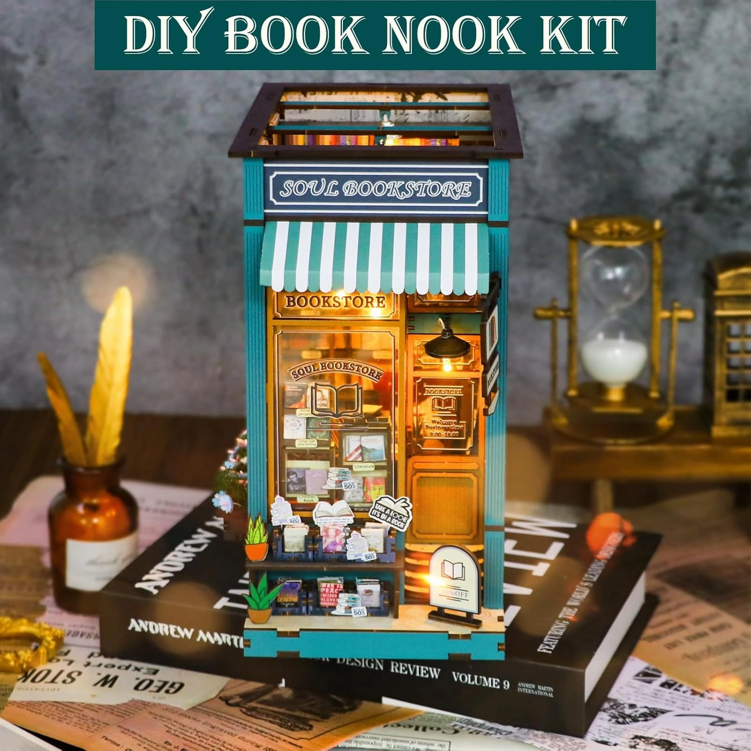 Sutinban DIY Book Nook Kit, Miniature Dollhouse Booknook Kit, DIY 3D Bookshelf Insert Decor, Wooden Puzzle Bookend Bookshelf for Teens and Adults (Soul Bookstore)