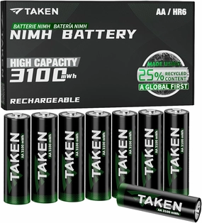Taken Rechargeable AA Batteries 3100mWh 8-Pack NiMH High Capacity, Double A Batteries Made Using 25% Recycled Content, Recharge up to 2000x Times, Pre-Charged