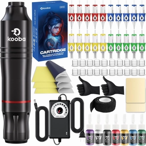 Tattoo Gun Kit Kooba Complete Tattoo Machine Set with Professional Rotary Tattoo Pen Regulator Power and 20Pcs Cartridges Needles 7 Kinds of Tattoo Ink Supplies for Beginners Tattoo Artists (Black)