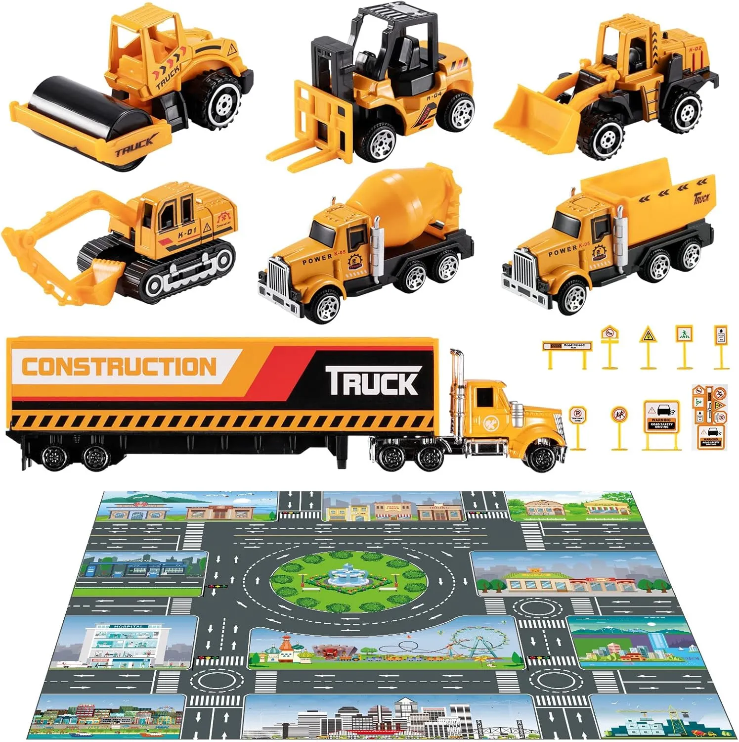TEMI Diecast Engineering Construction Vehicle Toy Set w/Play Mat,Truck Carrier, Forklift, Bulldozer, Excavator,Dump Truck, Alloy Metal Car Toys Set for 3 4 5 6 Years Old Toddlers Kids Boys & Girls